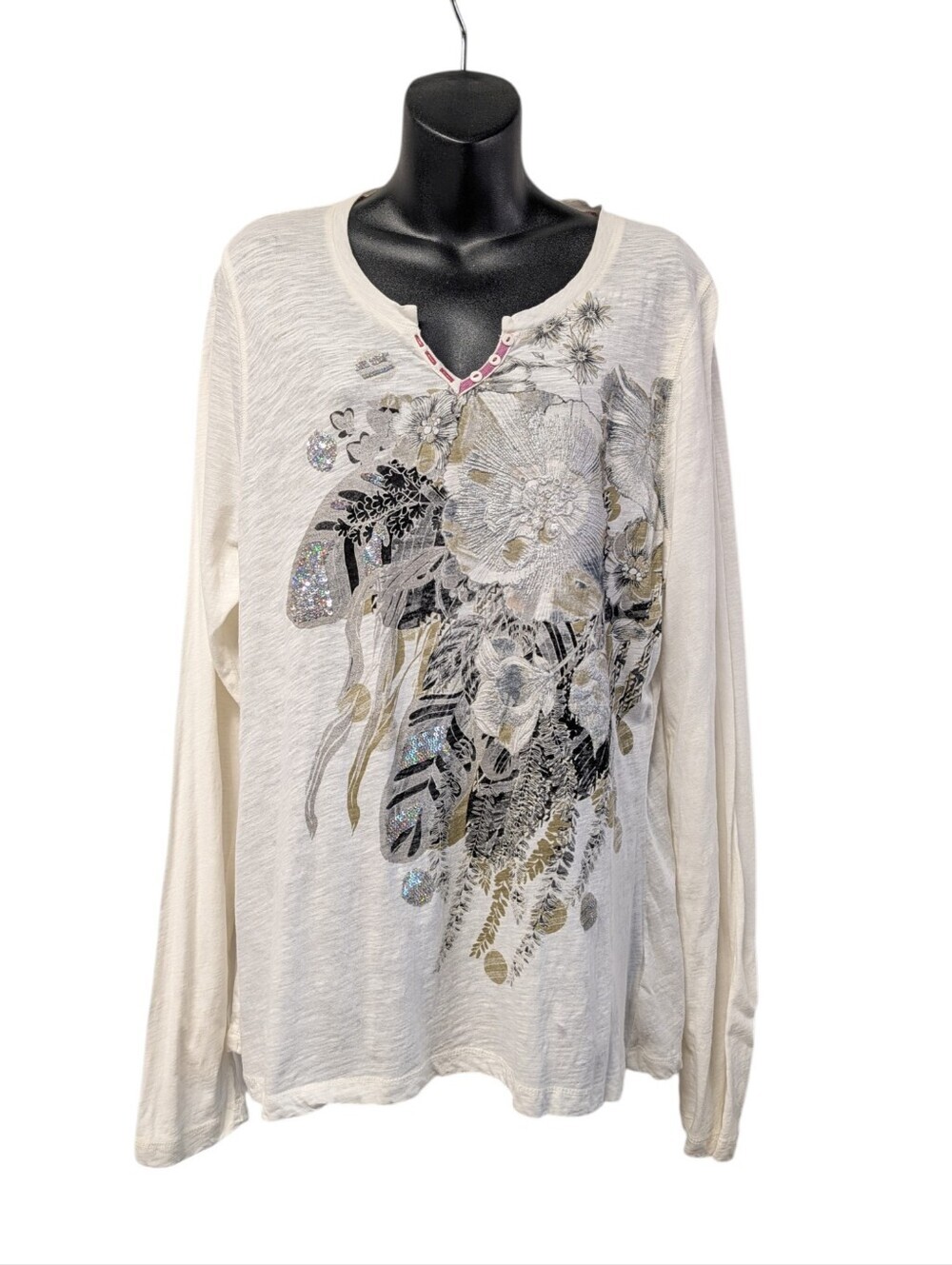 Nine West Vintage America Floral Sequin Henley Top XL Cotton Boho Long Sleeve